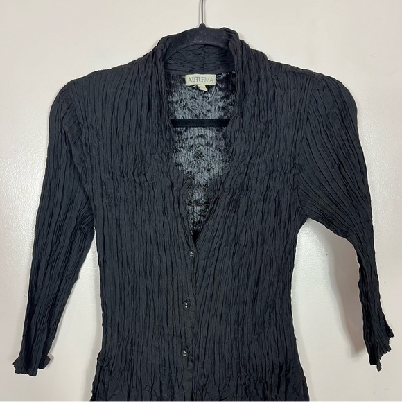 Alquema Crinkle Dress Size 1 (6 8 10) Midi 3/4 Sleeve Button Black - Picture 2 of 12